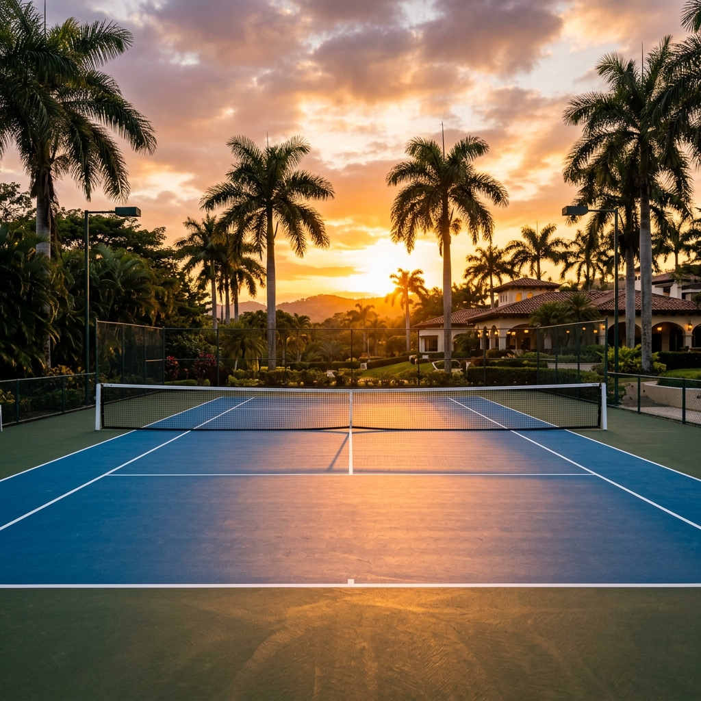 Canchas de tenis profesionales al atardecer